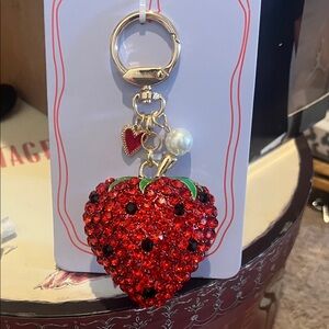 Sparkling Red Strawberry Keychain Charm with Pearl Accent